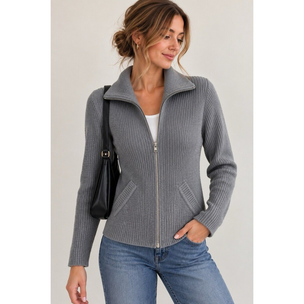 Jones New York 100% Merino Wool Ribbed Zip Sweater Jacket Gray Small